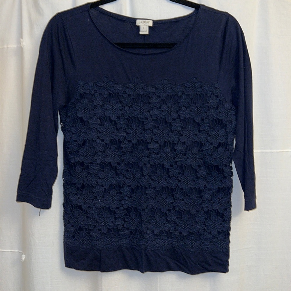 J. Crew Factory Navy Lace Overlay 3/4 length Cotton Shirt, size S